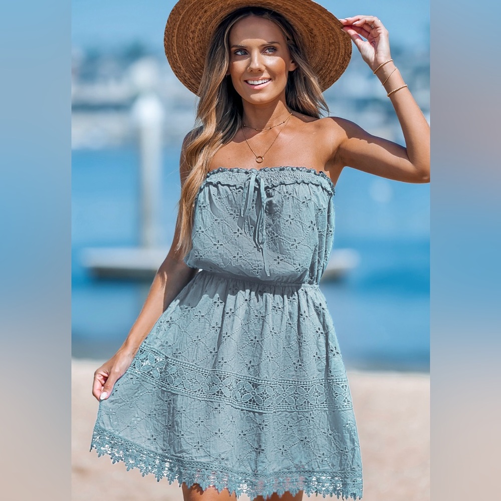 Cupshe Dusty Blue Strapless Eyelet Sundress